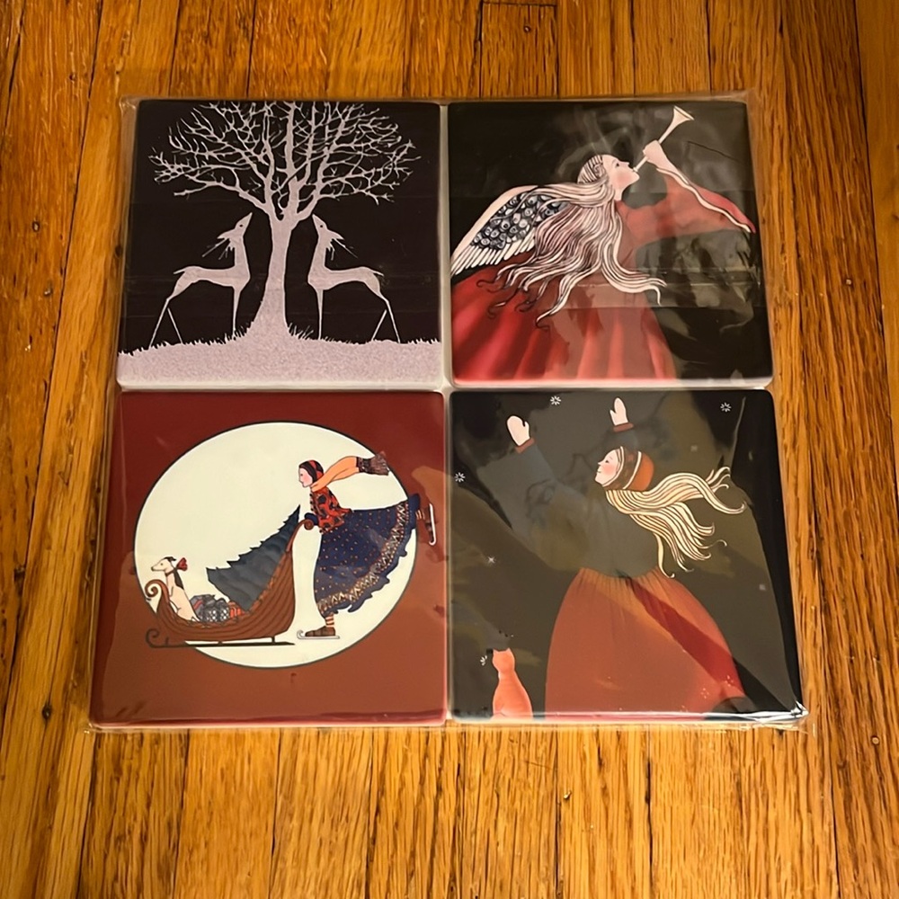 4 Holiday Sandstone Coasters, Cork Backing,  4" x4'", New